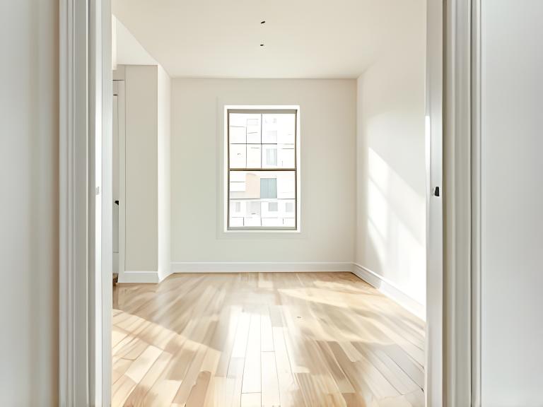 Empty New York apartment cleaned for move-out with bright floors, detailed corners and clear kitchen surfaces