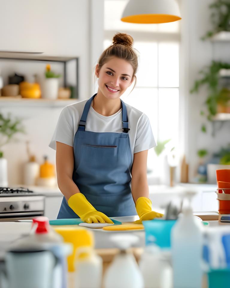 Cleaning professional in a modern New York apartment with organised supplies and polished surfaces