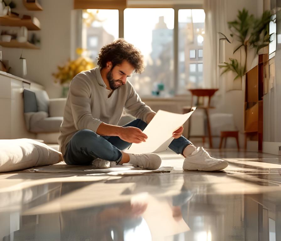 Founder reviewing a cleaning checklist inside a sunlit Brooklyn apartment with polished floors