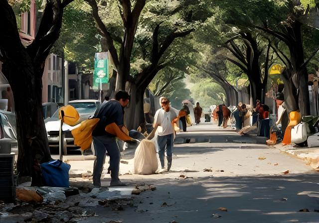 A Brooklyn neighbourhood clean-up team collecting litter along a tree-lined street on a weekend morning