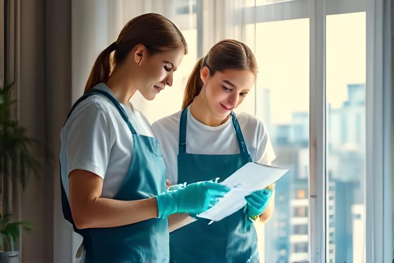 Professional cleaning team reviewing a booking checklist beside a bright New York apartment window