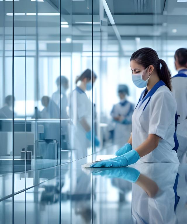 Cleaning team sanitising a modern office in New York with polished desks and glass walls